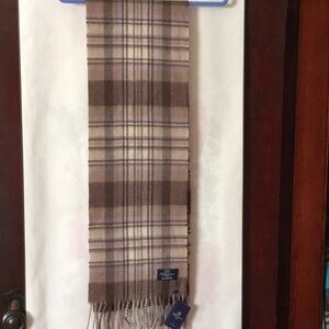 New Ballantrae Edinburgh Scotland Lambswool Brown Purple Plaid Scarf 10"×60"